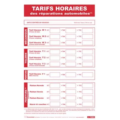 Garages - Tarifs horaires de réparations automobiles