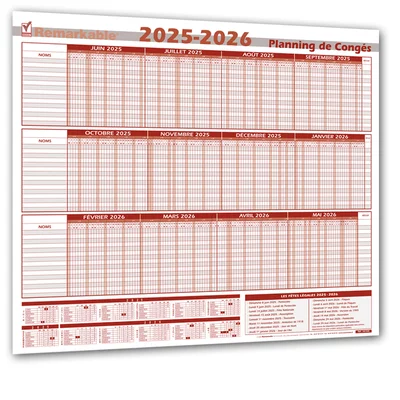 Planning mural congés 1 à 15 salariés année légale 2025-2026
