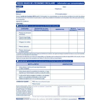 Feuillets obligatoires pour pièces auto d'occasion