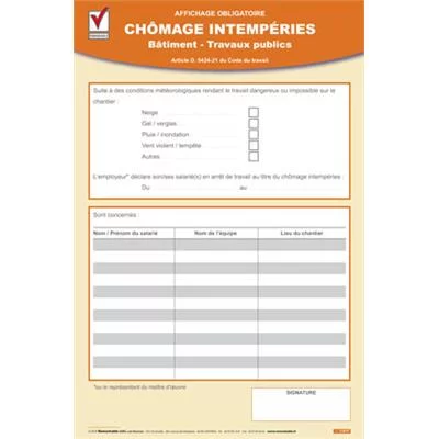 Affichage obligatoire chômage intempéries - bâtiment et TP