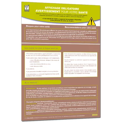 Affichage de sécurité en cabine de bronzage