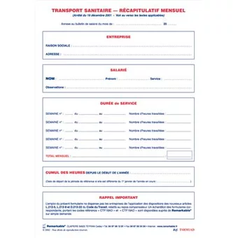 Transport sanitaire - Récapitulatif mensuel des heures