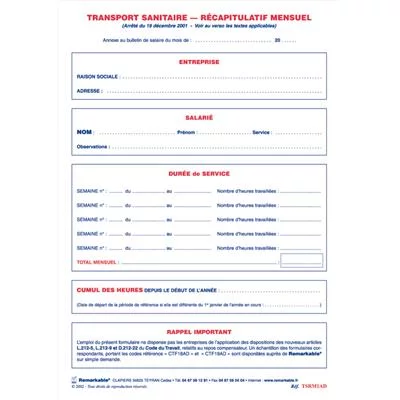 Transport sanitaire - Récapitulatif mensuel des heures
